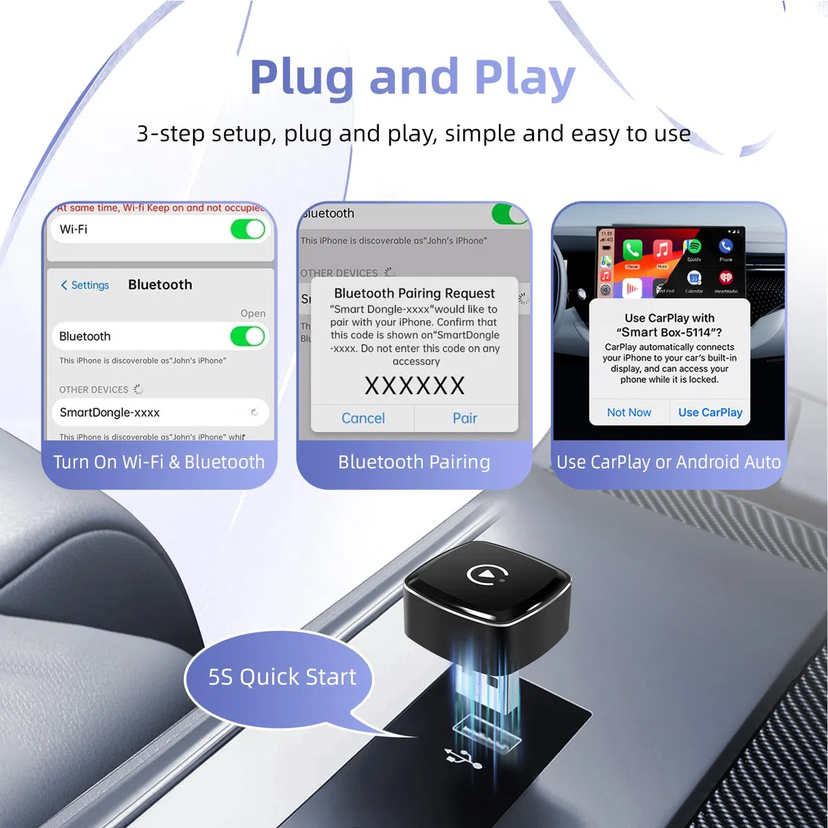 EZoneTronics 2-in-1 Adattatore CarPlay Wireless, Android Auto Wireless, USB/Type-C senza fili, Plug & Play, Connessione Veloce e Stabile senza Ritardi, Compatibile con iOS 10+ e Android 11+