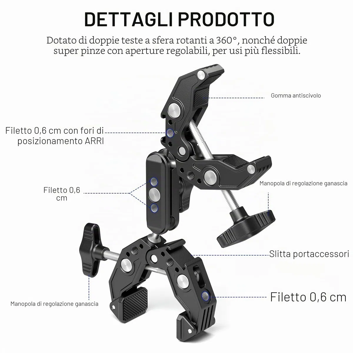 NEEWER Doppia Super Clamp Supporto per Fotocamera, Braccio Magico a 2 Teste Sferiche, Slitte Fredde, Supporto per Action Camera/Luce LED per Aste da Scrivania Compatibile con SmallRig GoPro DJI,UA036