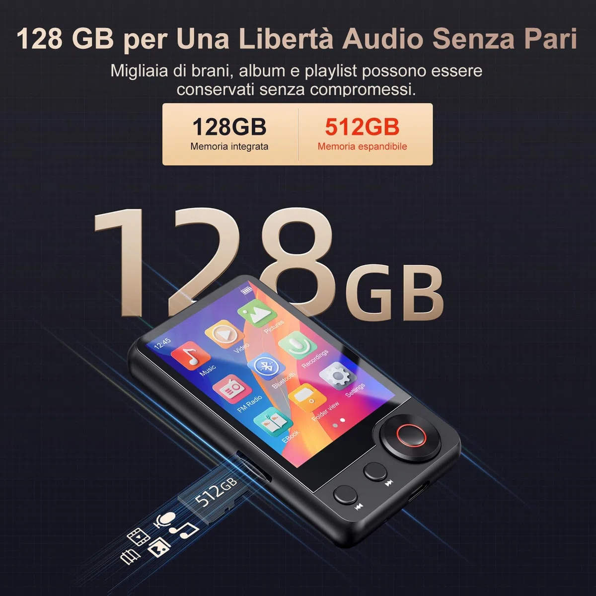 MECHEN Lettore MP3 128 GB con Bluetooth 5.3, Audio Duale, Touchscreen da 2,4 pollici, Funzione di Ricerca, Rotella di Scorrimento, Video, Radio FM, Registratore