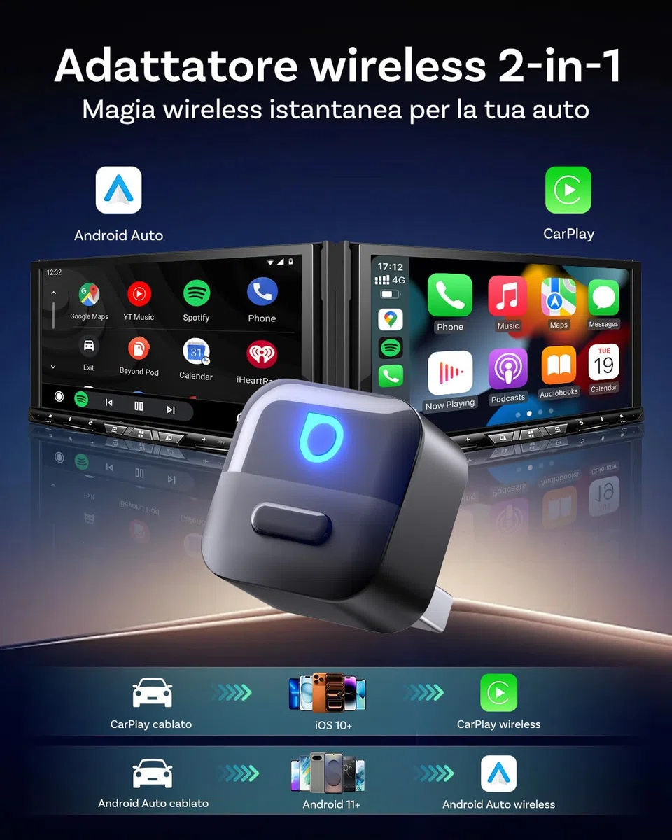 OTTOCAST Mini Pico 2026 Aggiornato, Adattatore Wireless 2 in 1 CarPlay e Android Auto con Adattatore USB-A/C, Cambio Telefono con un Solo Pulsante, Connessione Veloce per Telefoni iOS 10+ Android 11+