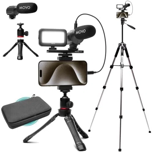 Movo uVlogger Kit Vlogging Compatibile Android/USB-C/iPhone 15 con Treppiede Grande - Kit Iniziale YouTube per Creatori di Contenuti - Accessori: Treppiedi, Supporto Telefono, Luce, Microfono Shotgun