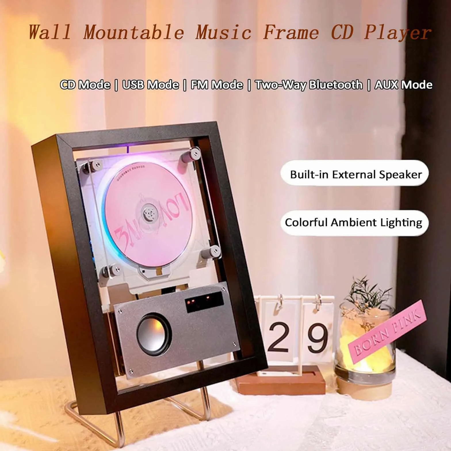 Lettore CD montabile a parete con telecomando e altoparlanti, cornice decorativa musicale con uscita 2 vie/USB/AUX e 6 effetti di illuminazione per corridoio di casa