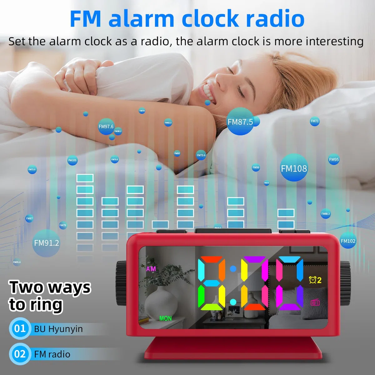 ThreeH Sveglia RGB con Radio 11 Colori Display Orario 12 Livelli Volume e Luminosità Regolabile Macchina del Suono del Sonno con 2 Porte di Ricarica USB Rosso