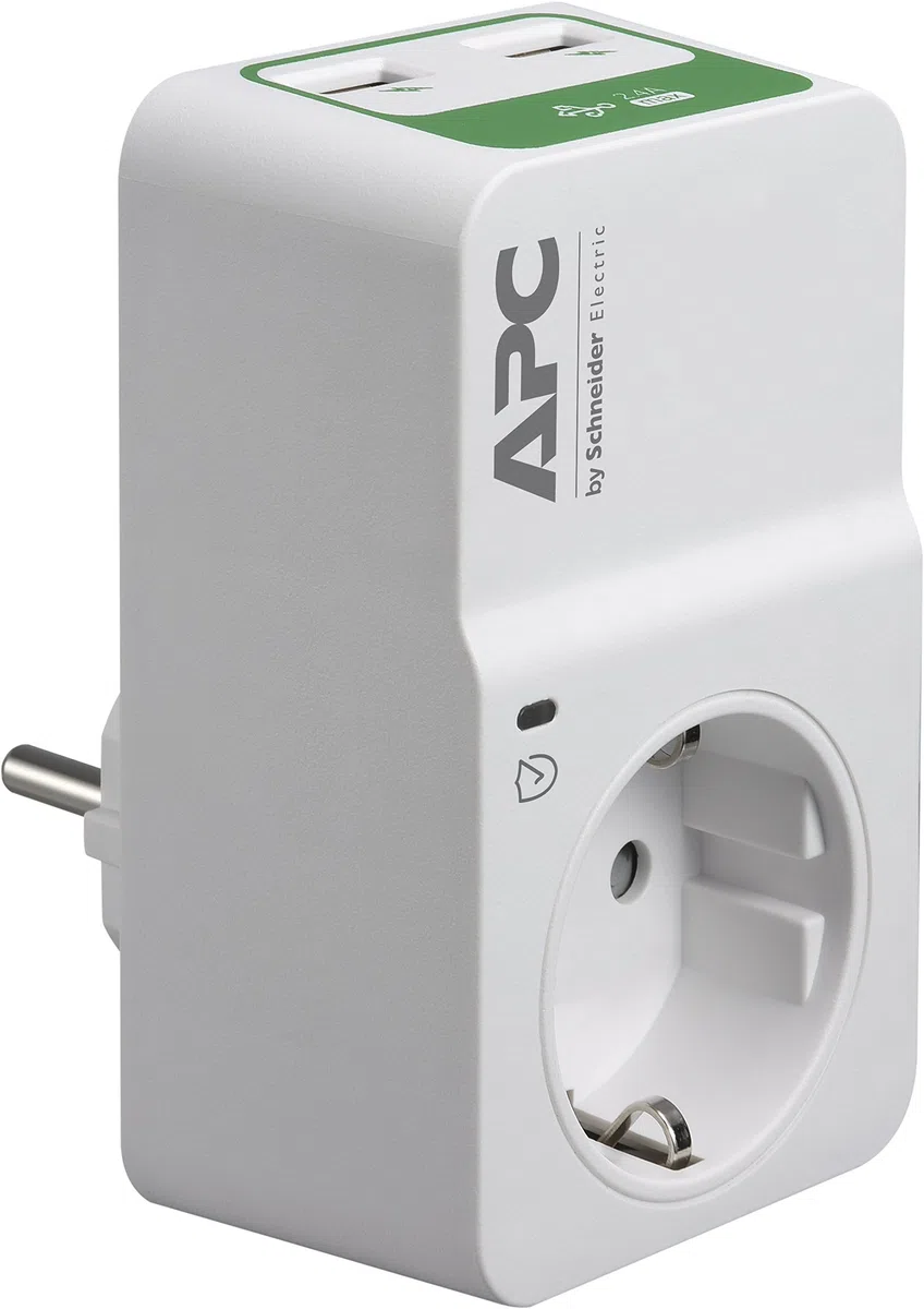 APC Surge Protector – PM1WU2-GR – Adattatore con protezione da sovratensione (1 spina Schuko, 2 uscite di ricarica USB, bianco)
