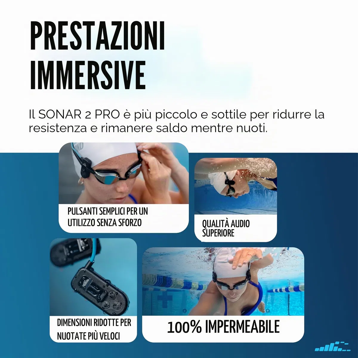 H2O Audio Sonar 2 PRO - Cuffie impermeabili a conduzione ossea per nuoto, auricolari aperti subacquei IPX8, lettore MP3 con playlist+app per streaming Bluetooth, durata della batteria 10 ore