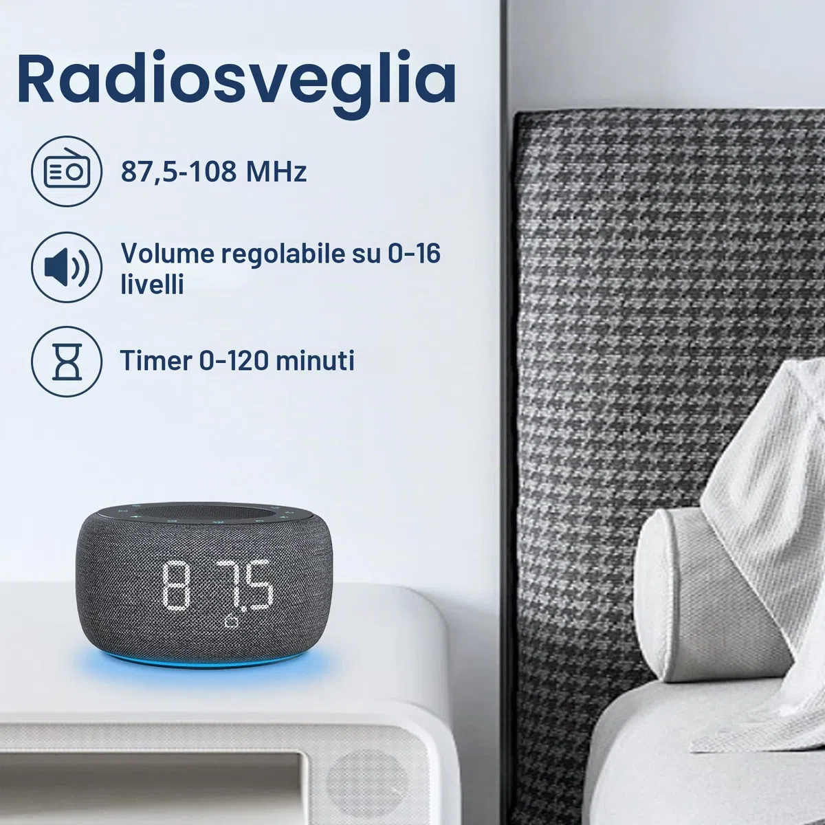 Buffbee Radiosveglia digitale per camera da letto – Luce notturna a 7 colori, qualità del suono ad alta fedeltà con altoparlante rivolto verso l'alto, 4 suoni, display Full Range Dimmer per comodino