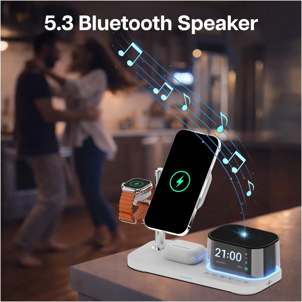 Caricatore Wireless Magnetica 5 in 1 con Sveglia, Altoparlante Bluetooth e Luce Notturna LED per MagSafe di MMOBIEL – Stazione Ricarica Qi2.2 25W per iPhone, per Apple Watch e per AirPods – Bianco