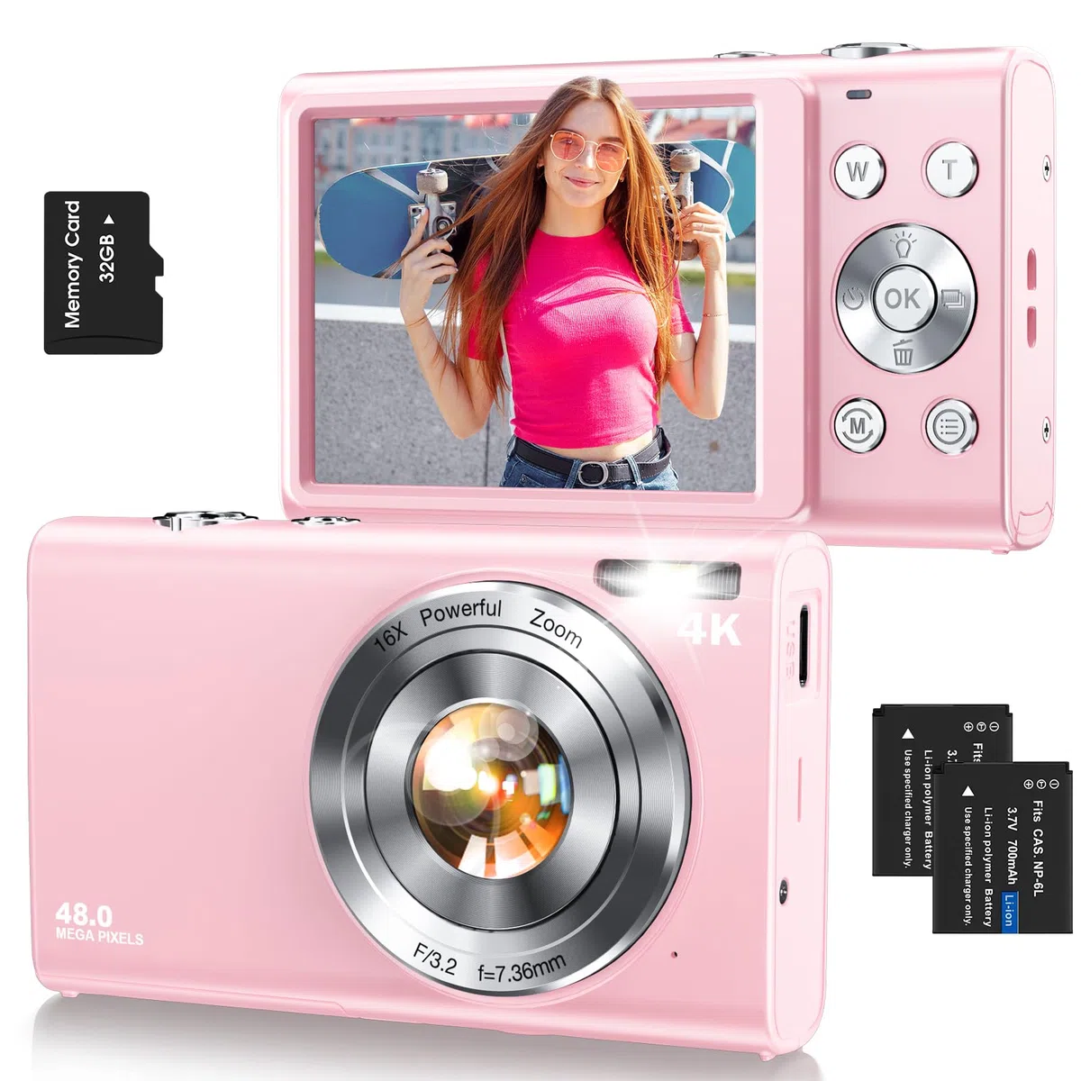 Fotocamera digitale, autofocus 4K Vlogging fotocamera per fotografia con scheda da 32 GB, 48 MP, fotocamera digitale compatta portatile per adolescenti, adulti e principianti, con zoom 16x