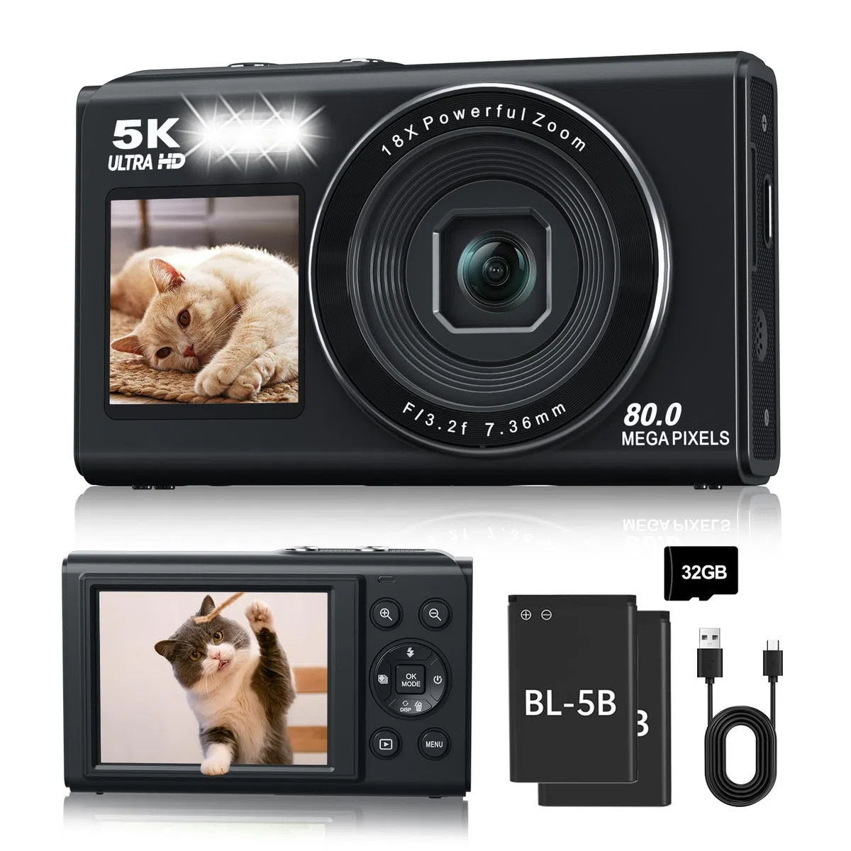 Fotocamera digitale, fotocamera 5K 80MP doppio schermo con zoom digitale 18x, fotocamera compatta per vlogging per adolescenti, elegante fotocamera per principianti per giovani e GIF, scheda da 32 GB