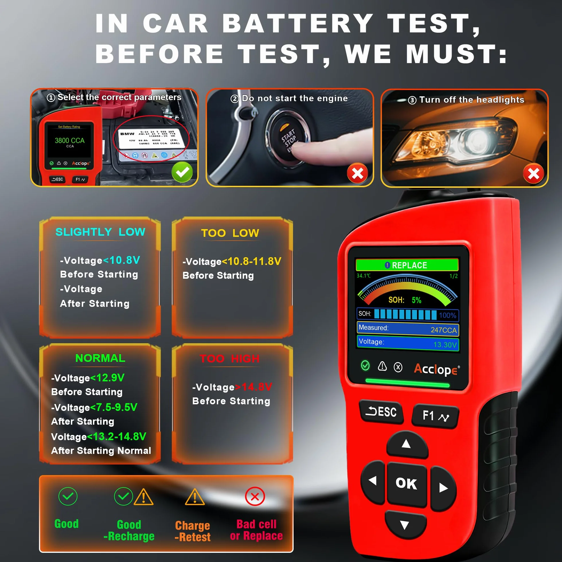 BT90 PRO - Tester per batteria, 6 V/12 V/24 V, per AGM/EFB/GEL/LiFePO4, 2 – 360 Ah, 30 – 3800 CCA, con stampa cloud, test di avviamento, nero, SAE/EN/IEC/CA/MCA, SOH/SOC/tensione/resistenza