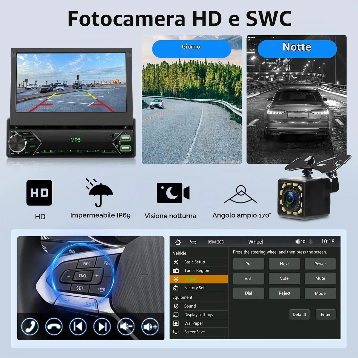 VECHTEL Autoradio 1 Din con wired Carplay Android Auto, Schermo Tattile Pieghevole da 7 Pollici IPS Bluetooth Stereo Auto, Radio FM, Mirror Link, USB, SWC, Mic, Telecamera Posteriore