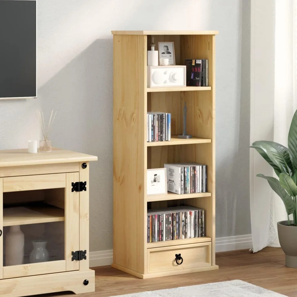 Gecheer Mobile Porta CD, Scomparti Aperti e Cassetti per Organizzazione Dischi, 40x30x110 cm, in Legno Massello di Pino con Finitura Cerata Ambra, Mobile Multifunzionale per Soggiorno Ufficio Studio