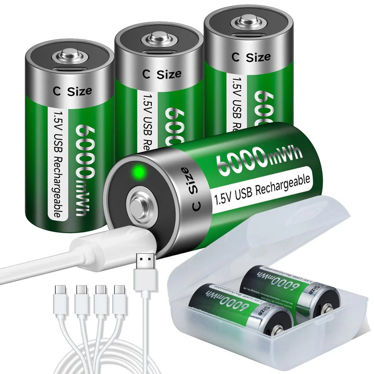 6 batterie ricaricabili Baby C USB 6000 mWh – 1,5 V/litio ricaricabili C batteria ad alta capacità con cavo di ricarica di tipo C, ricarica rapida 3 ore