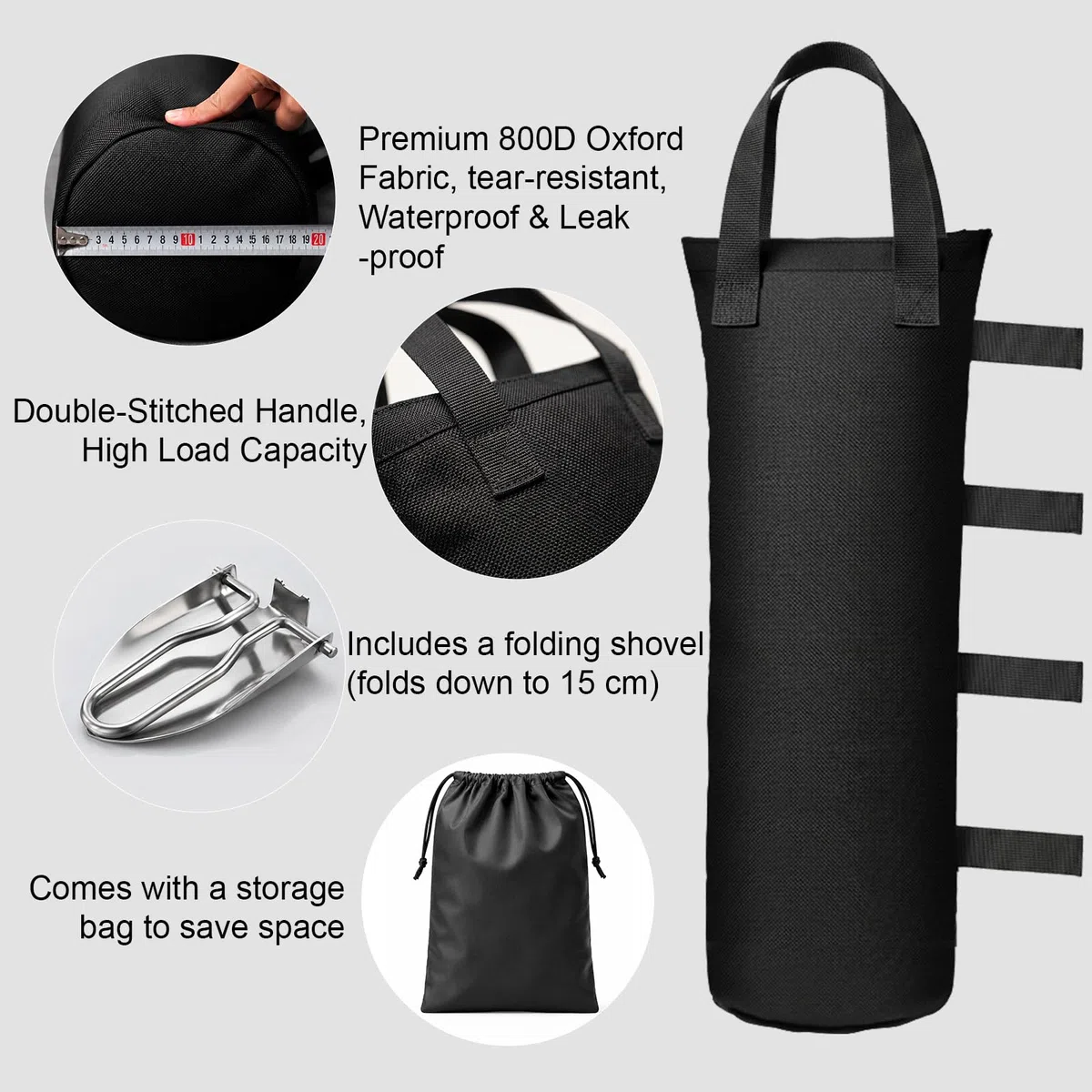 8 Pesi per Gazebo, Tessuto Oxford 800D, 20 x 50 cm, Sacchi di Sabbia per Pesare con Pala e Custodia, per Tende, Ombrelloni, Campeggio e Fotografia, Nero