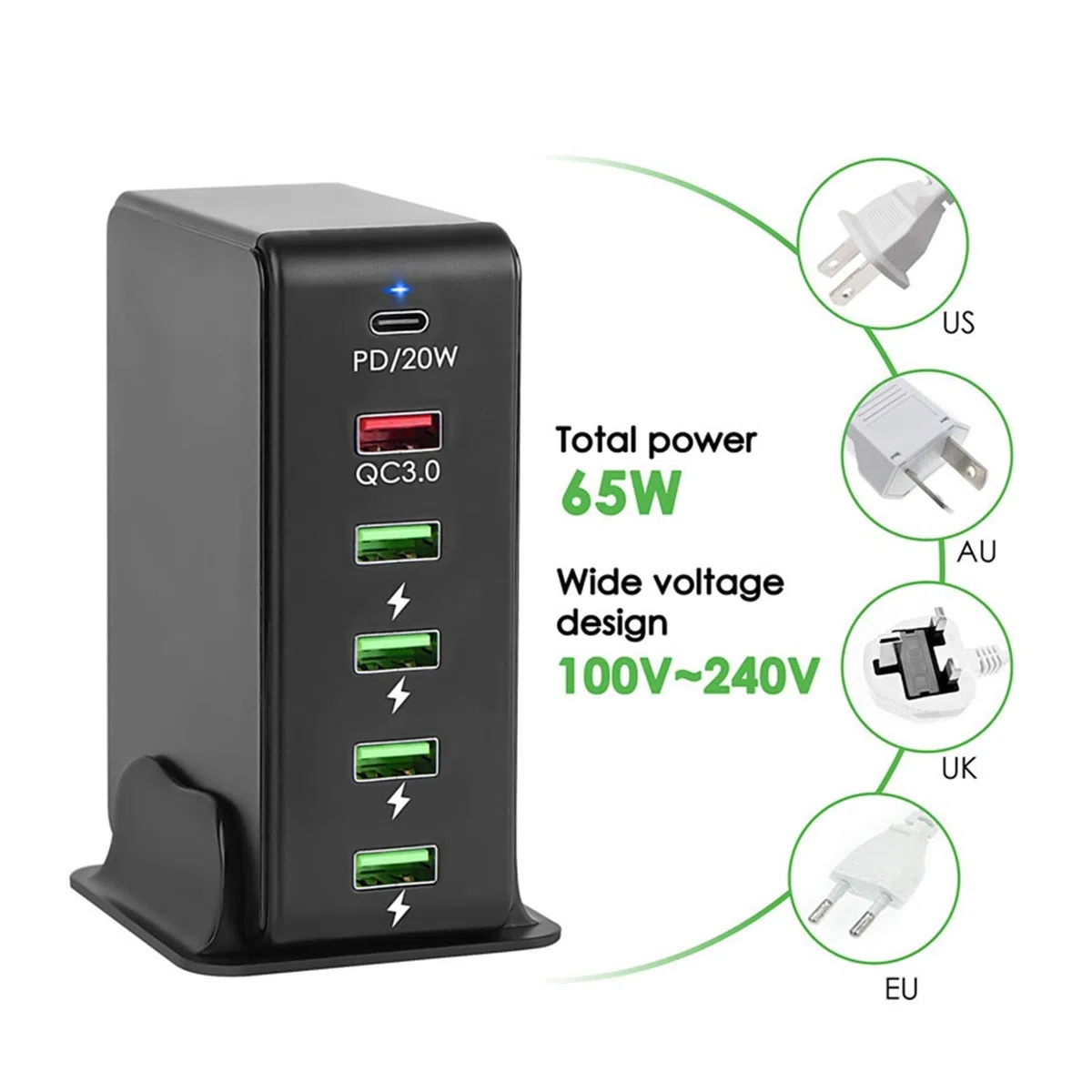 Caricatore rapido USB PD con 6 porte, stazione di ricarica Caricabatterie da parete for telefono universale compatibile cellulare, tablet e altro Design portatile(White)