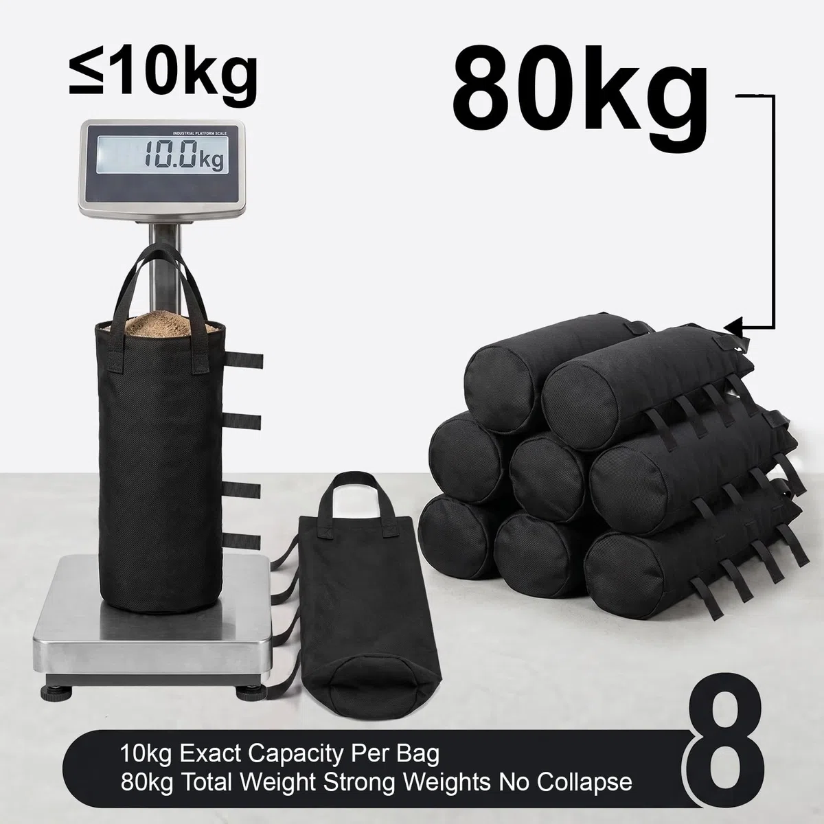 8 Pesi per Gazebo, Tessuto Oxford 800D, 20 x 50 cm, Sacchi di Sabbia per Pesare con Pala e Custodia, per Tende, Ombrelloni, Campeggio e Fotografia, Nero