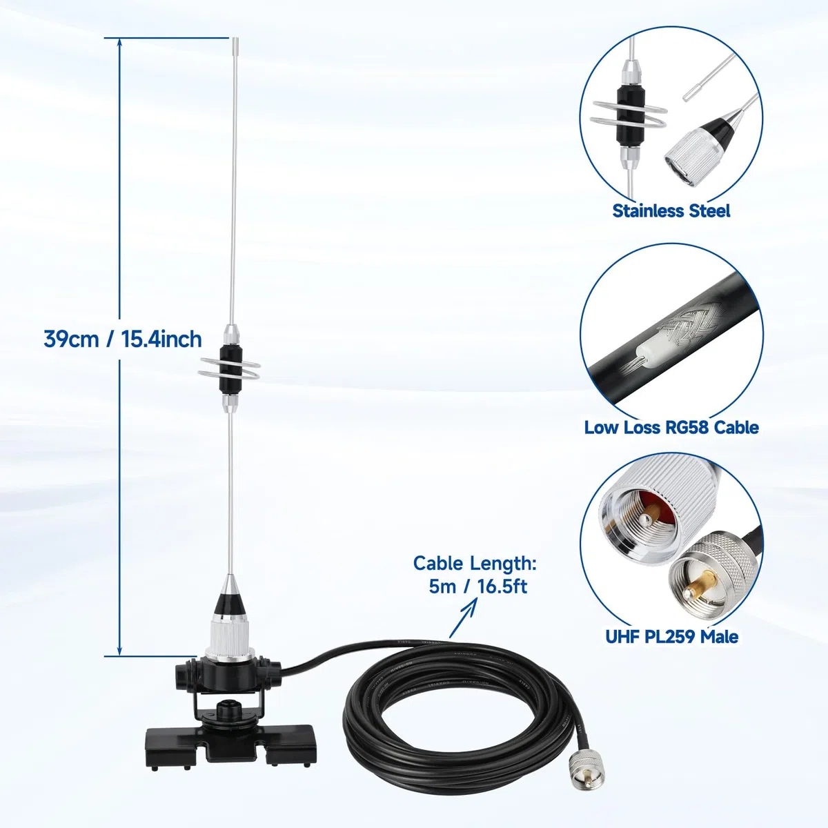Bingfu ​​Antenna VHF UHF Veicolare Auto Radio Mobile Doppia Banda 144/430 MHz, 39 cm, Supporto a Staffa, Connettore PL259 e Cavo 5 m per Ricetrasmittente e Dispositivo di Comunicazione Amatoriale