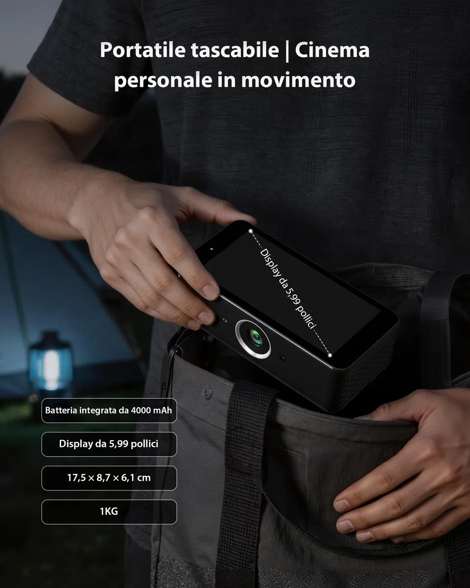 Estelle One Proiettore 4K con 64GB, Batteria Integrata, Android 12 | 5,99" Schermo Touch, Portatile Intelligente, Autofocus/Keystone, Download di App e Rotazione di 90° - Nero