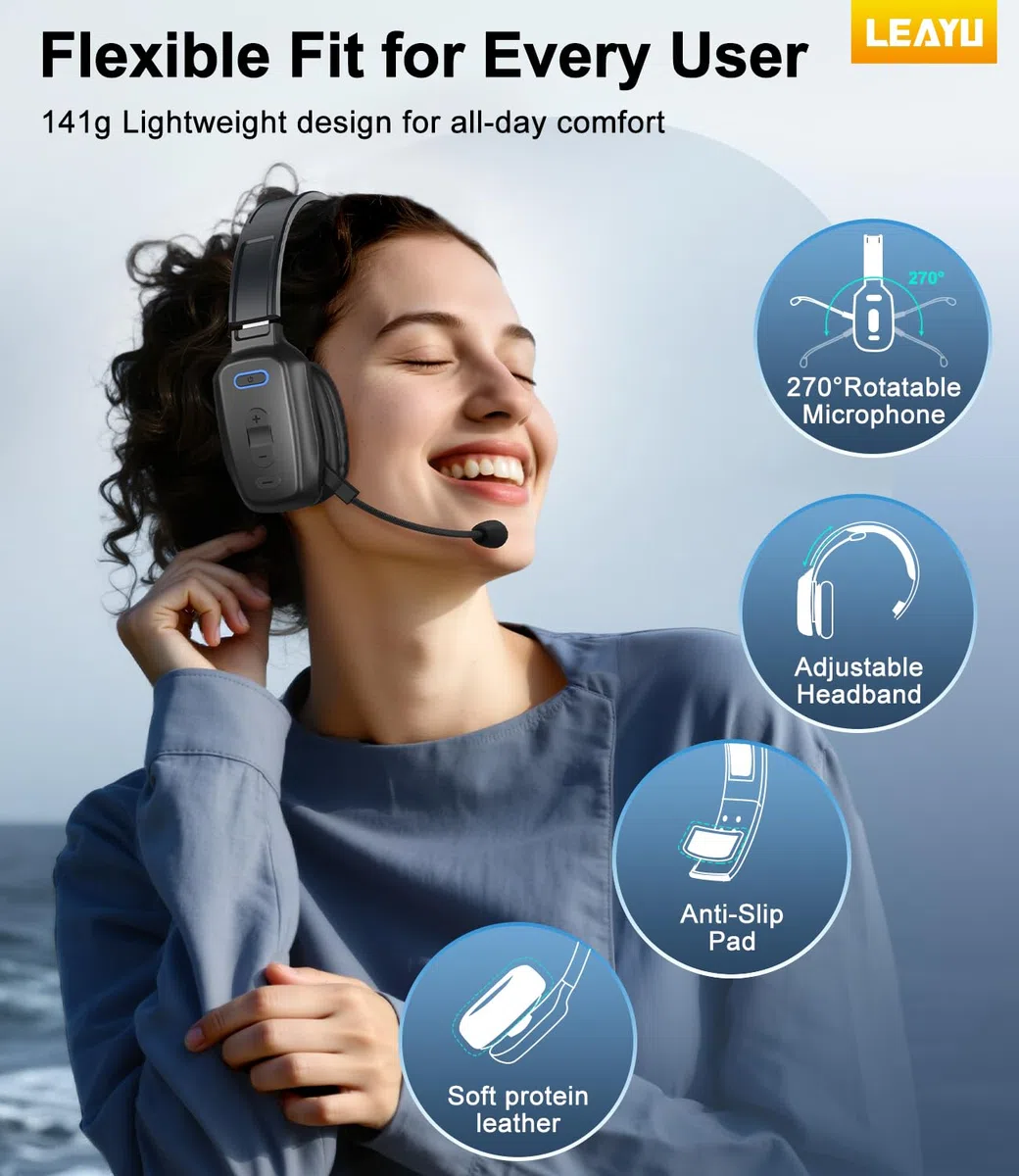 LEAYU Cuffie Bluetooth, 60 ore con cancellazione del rumore V5.2, cuffie wireless con microfono, pulsante muto, multipunto, per cellulari, PC, computer, camion, autista, ufficio, lavoro, nero