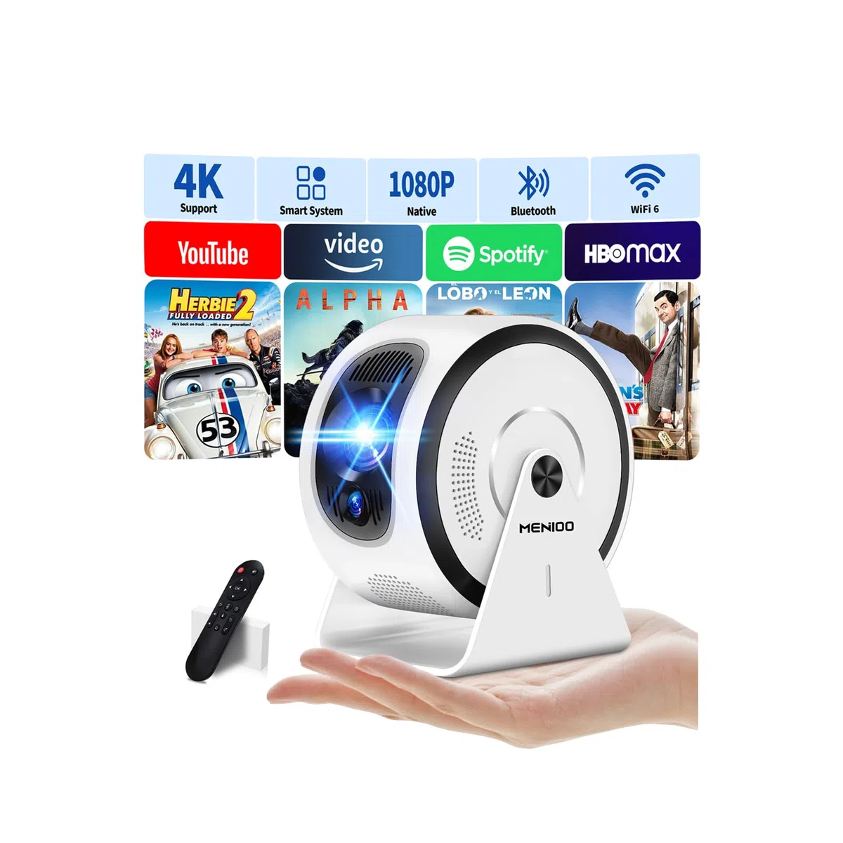 Mini proiettore [app integrate] Proiettore 4K 1080P, 2026 aggiornato Auto Focus & Auto Keystone 360 ° Proiettore portatile con WiFi 6 e Bluetooth 5.4 compatibile con HDMI/TV Stick/USB/laptop, bianco