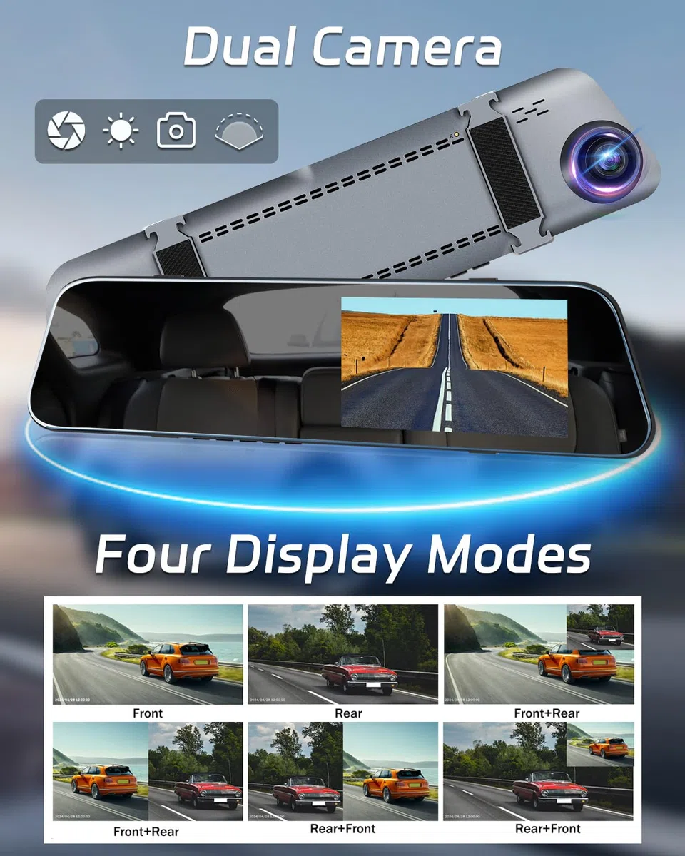 NHOPEEW Mirror Dash Cam 4,7 pollici 720P Doppia telecamera frontale e posteriore - Super visione notturna/Registrazione in loop/Compensazione dell'esposizione - Telecamera di backup per auto