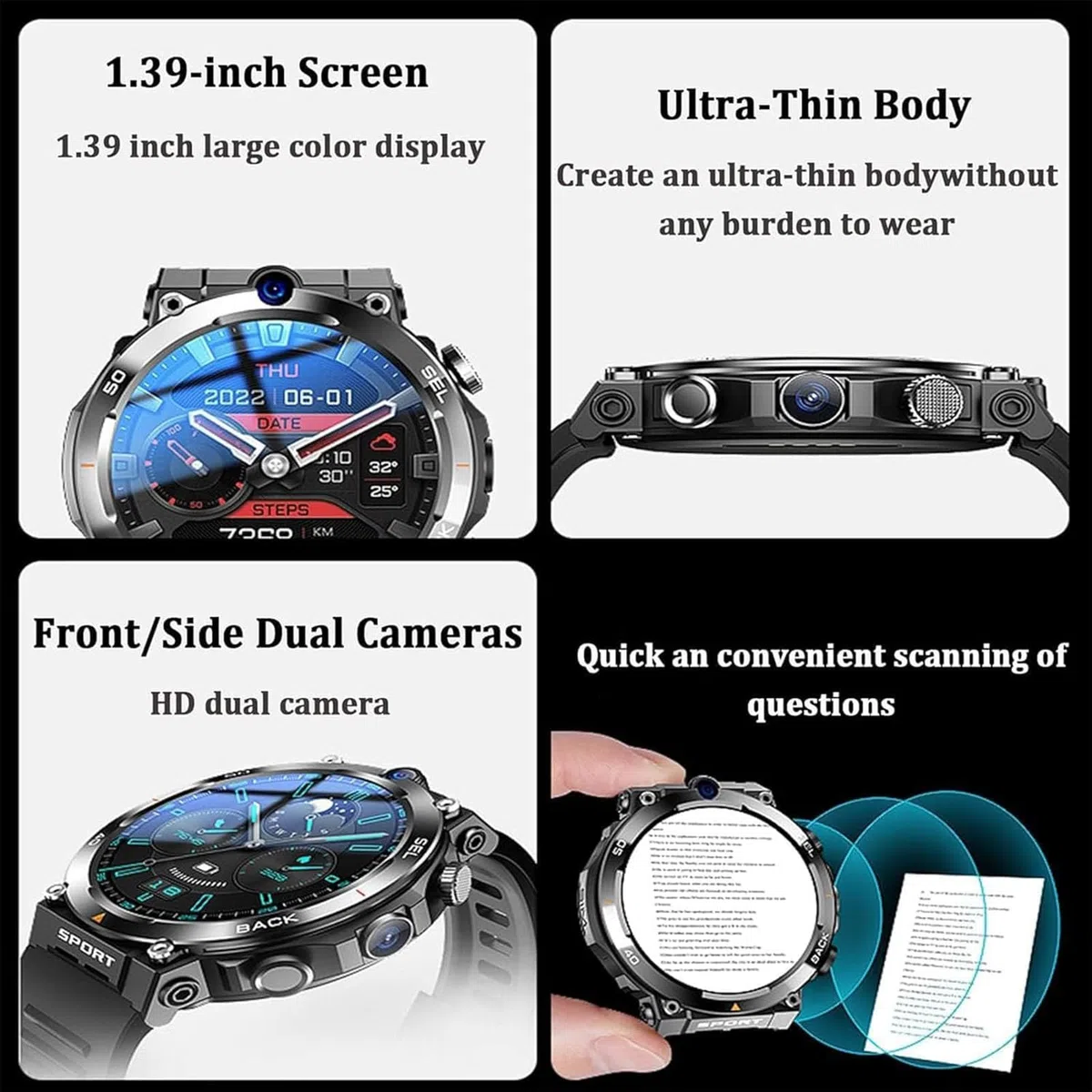 Smartwatch 4G SIM Card con doppia fotocamera HD, NFC, WiFi integrato, posizionamento in tempo reale LBS e GPS, batteria 900 MA, schermo rotondo da 1,39 pollici per uomo