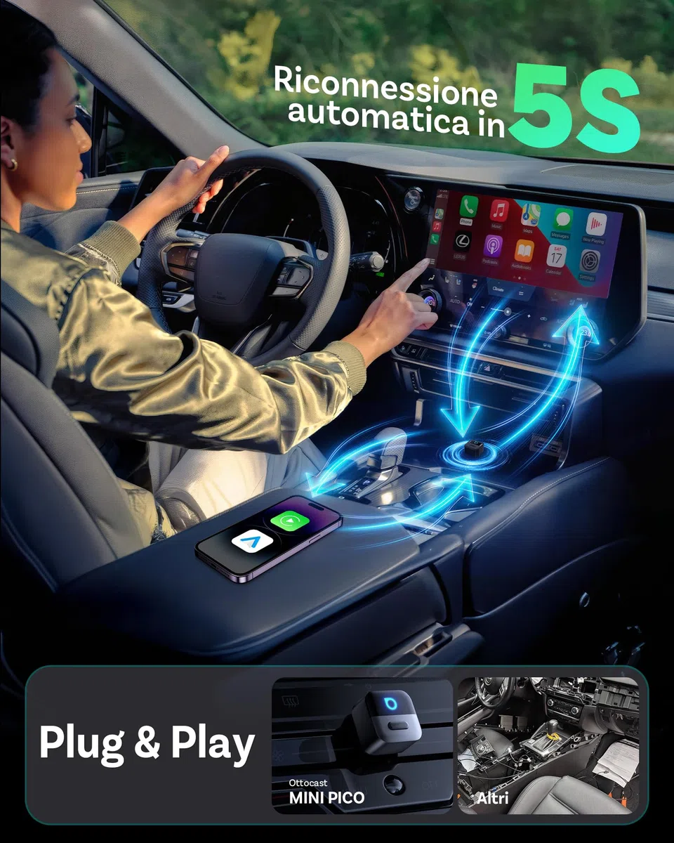 OTTOCAST Mini Pico 2026, Adattatore Wireless 2 in 1 CarPlay e Android Auto per iOS 10+/Android 11+, Pulsante Intelligente, Plug & Play, USB A/Type-C, Aggiornamento OTA, Converte Cablate in Wireless