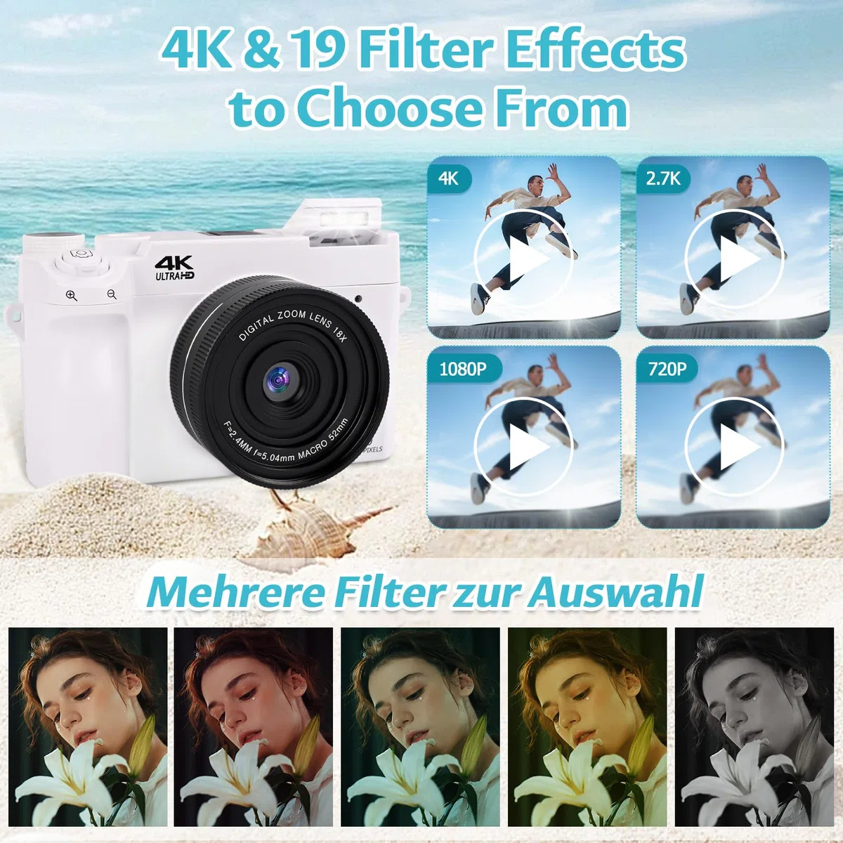 Macchina Fotografica Digitale 4K Ultra HD 75MP, Videocamera Autofocus con Zoom Digitale 18X e Schermo IPS da 3", Scheda SD 32GB, Macchina Fotografica Compatta per Principianti, Adolescenti (Bianco)