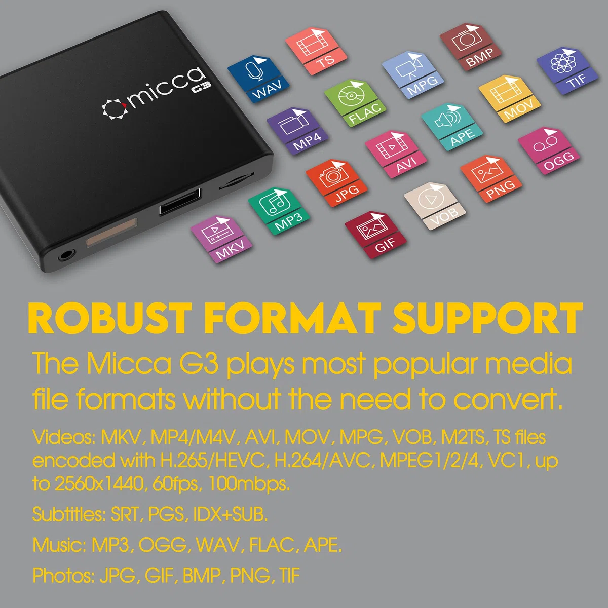 Micca G3 2K Quad-HD Digital Media Player per unità USB e schede MicroSD, Digital Signage, H.265/HEVC H.264/AVC MP4 MKV Videos MP3 Music JPG Photos,