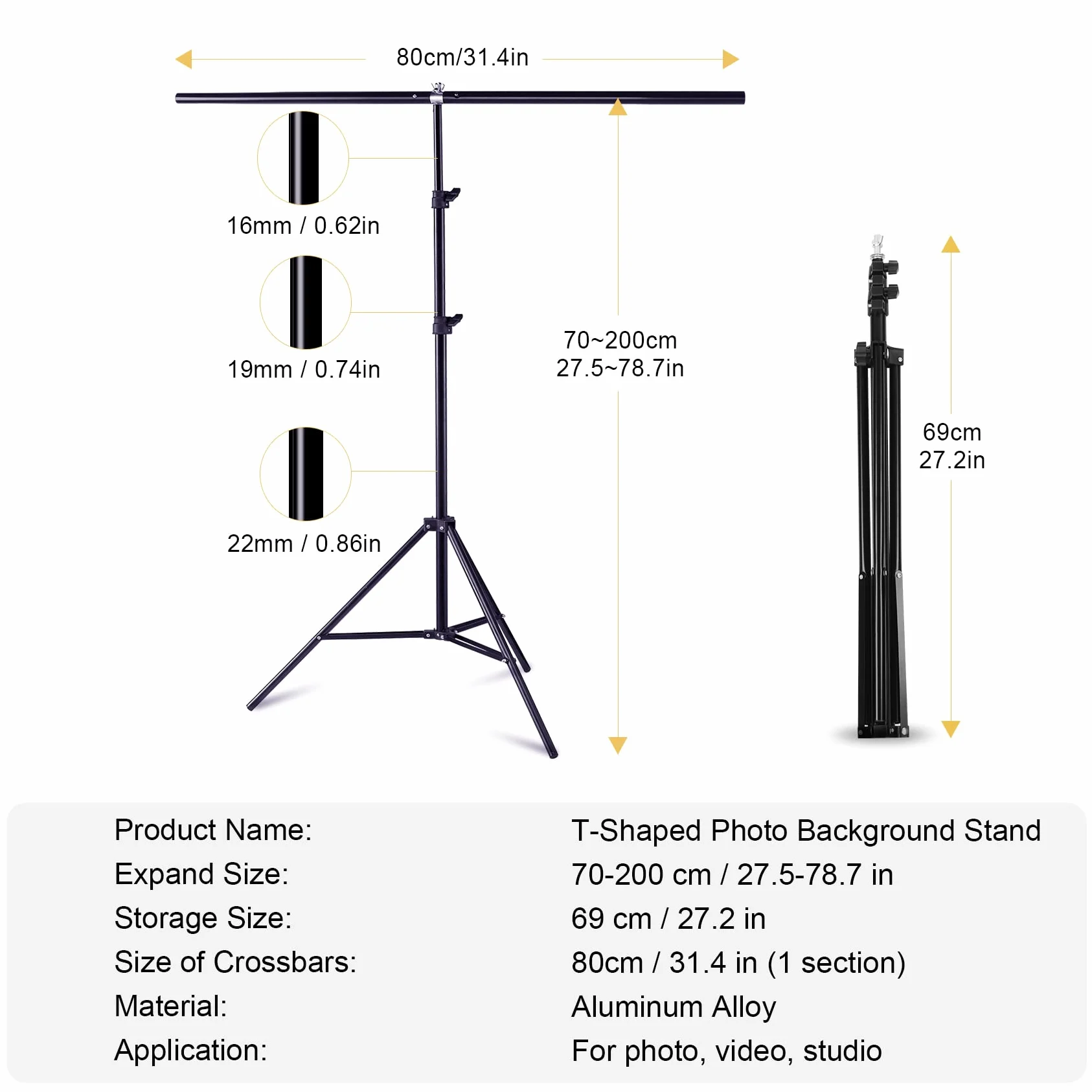 Selens Supporto per sfondo a T, 80 x 200 cm, per fotografia, mussola, in vinile, per studio fotografico, a T, supporto portatile, con traversa e 2 morsetti stretti