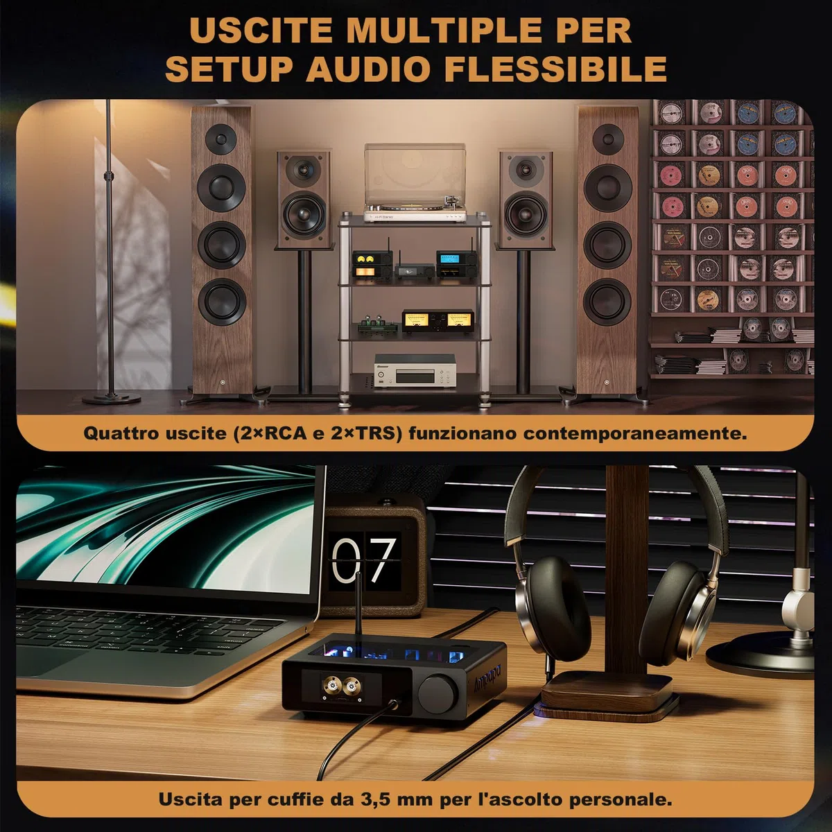 Convertitore Digitale-Analogico Ampapa Q1: DAC USB HiFi 768kHz/32bit DSD512, Amplificatore Cuffie Bluetooth 5.2 APTX-HD con ESS9039+AK4493 per Amplificatori Stereo Domestici e Ascolto da Scrivania
