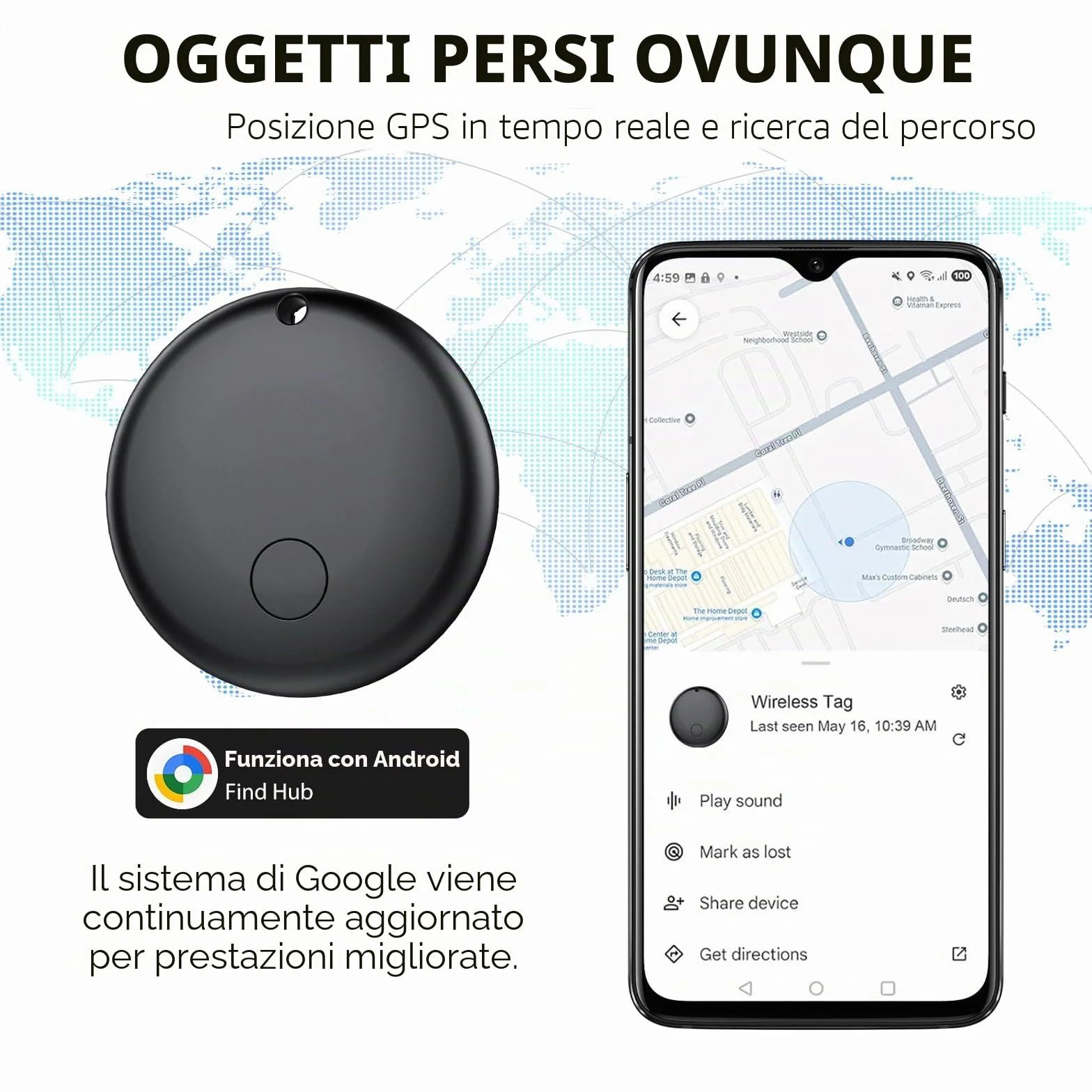 Android Smart Tag, Tracker con Google's Find Hub (Solo Android), IP68 Impermeabile, Bluetooth Localizzatore con Custodia Protettiva, Trova Oggetti per Chiavi/Bagagli/Portafogli, 4 Nero
