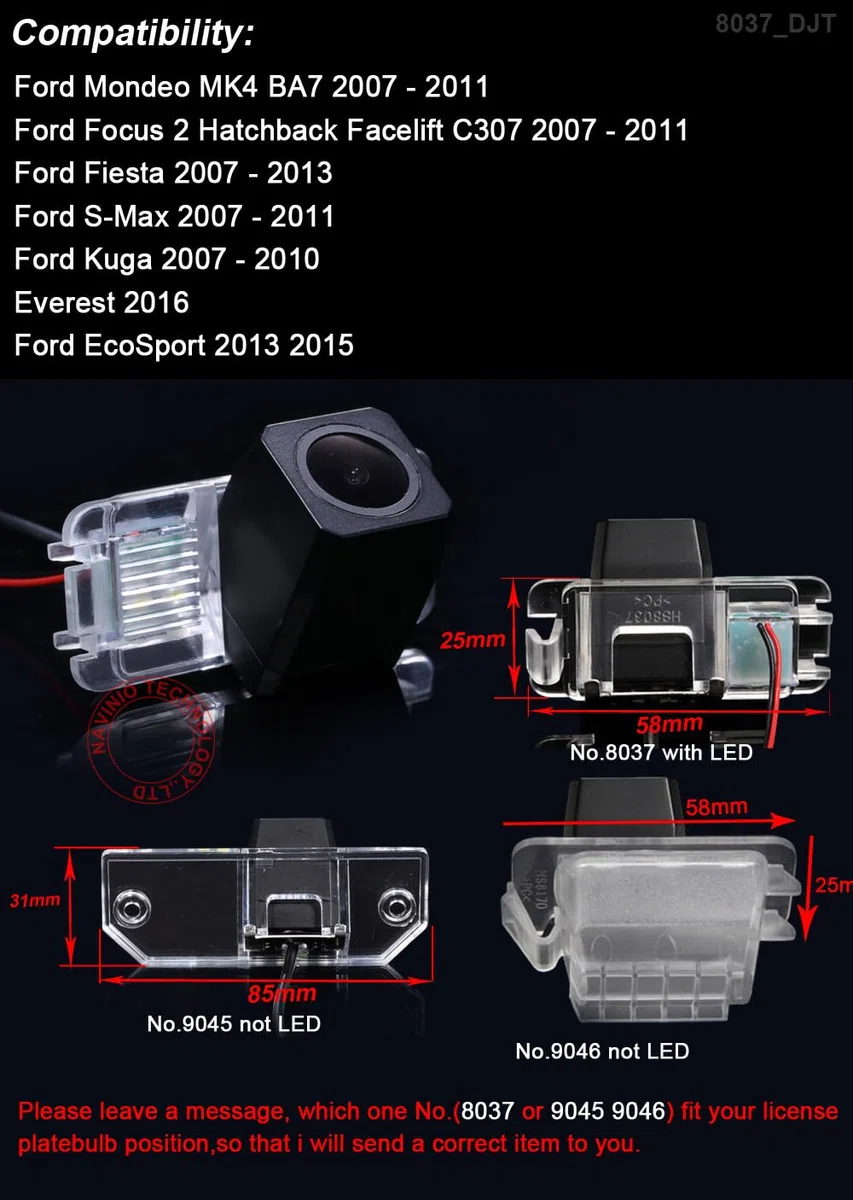 Telecamera posteriore per auto, 1280 x 720 pixel, HD, supporto per parcheggio, visione notturna, per Ford Mondeo Chia-X/Carnivai/S-Max dal 2007 al 2012/Fiesta/Focus/Kuga