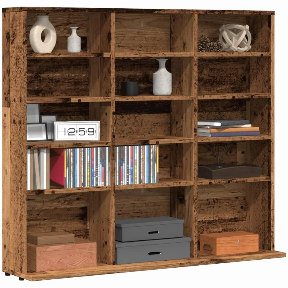 Scaffale per CD, effetto legno anticato, 100 x 23 x 89,5 cm, per CD, DVD, dischi in vinile, per soggiorno, home theatre e giochi