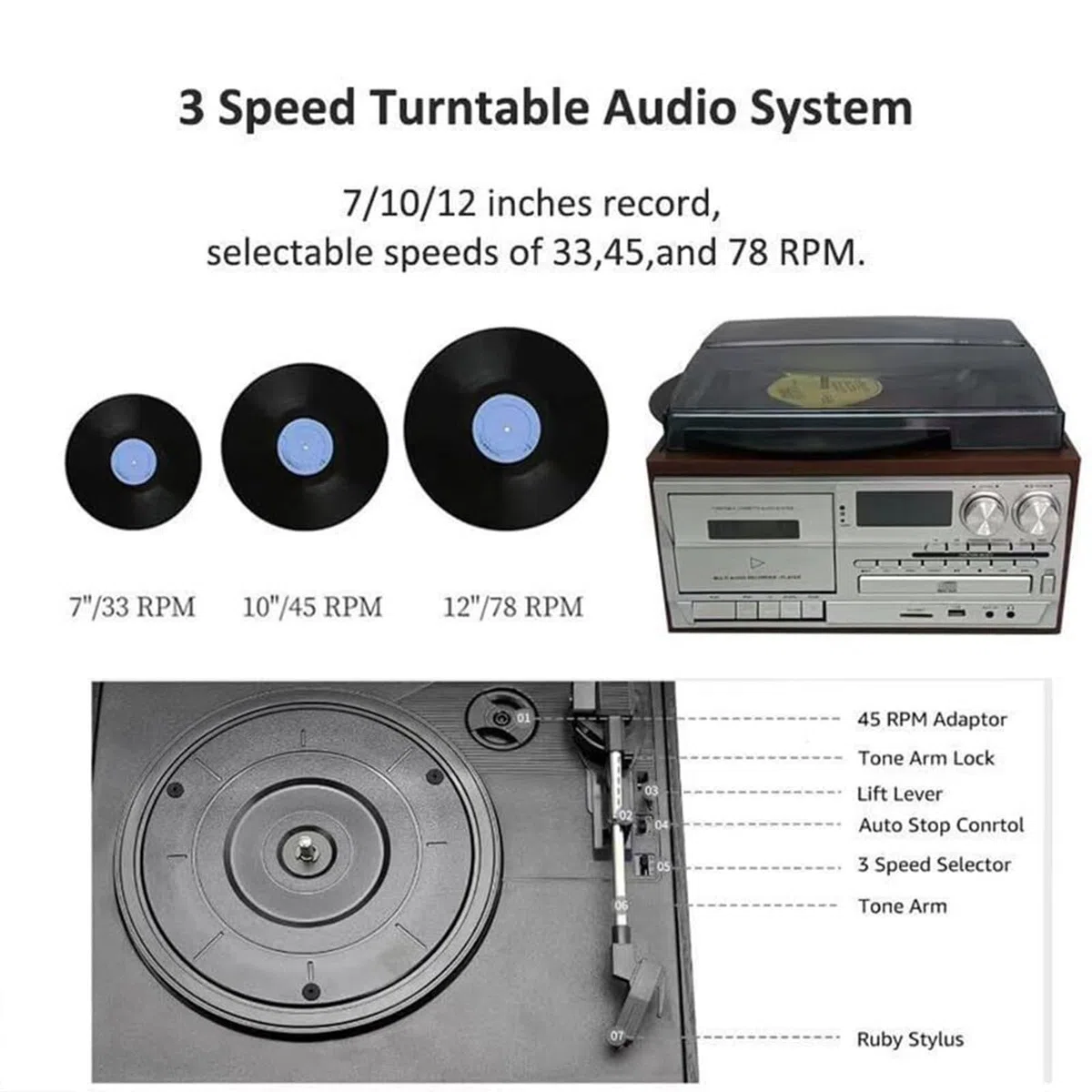 Giradischi multifunzione con Bluetooth, telecomando, CD, cassette e altoparlanti per dischi in vinile in ufficio o soggiorno