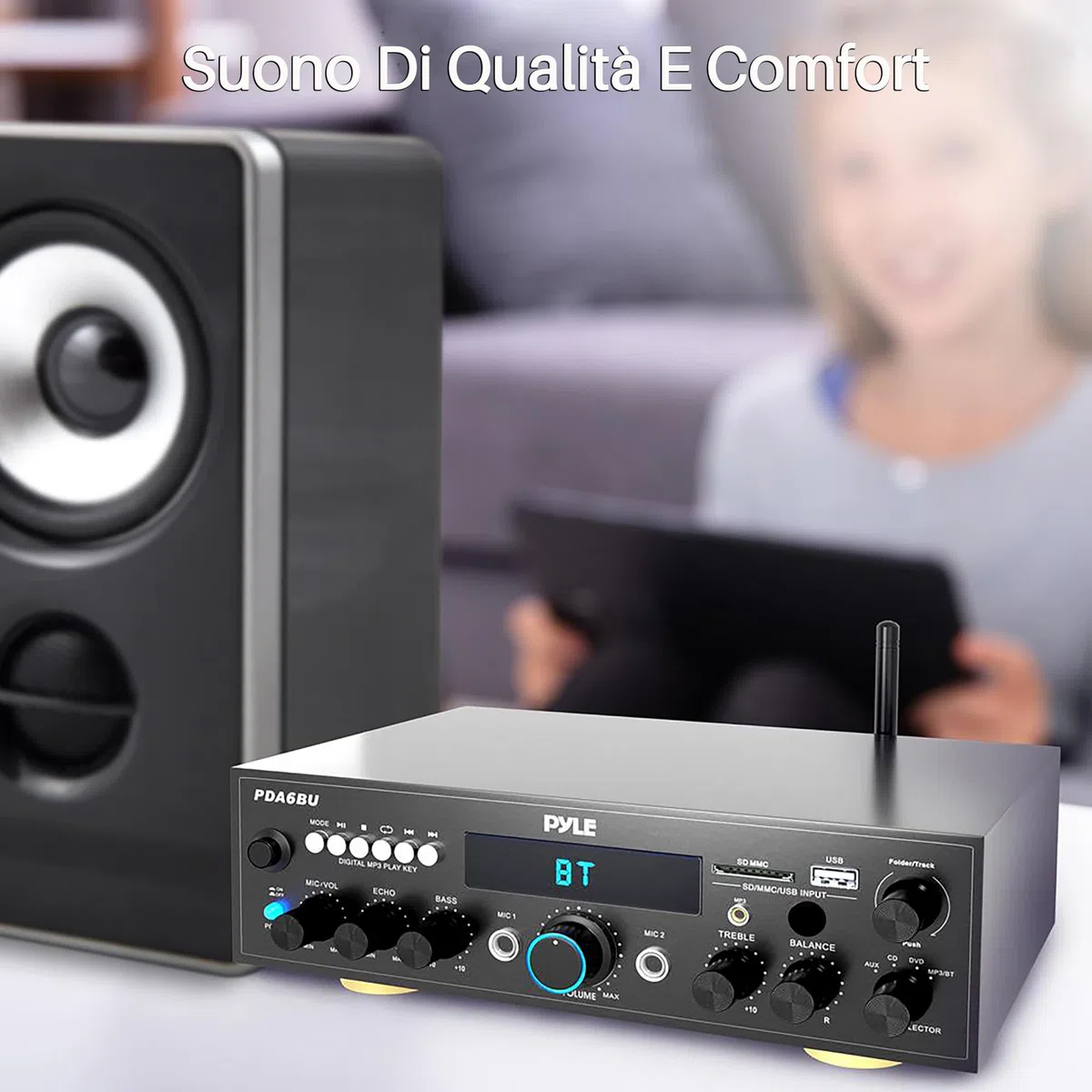 Pyle Sistema Amplificatore Audio Bluetooth, 200 Watt Potenza di Picco, Dual Channel, Audio Stereo, USB, SD, AUX, Ingresso MIC con Effetto Eco, Radio, Display LCD, Ingressi RCA