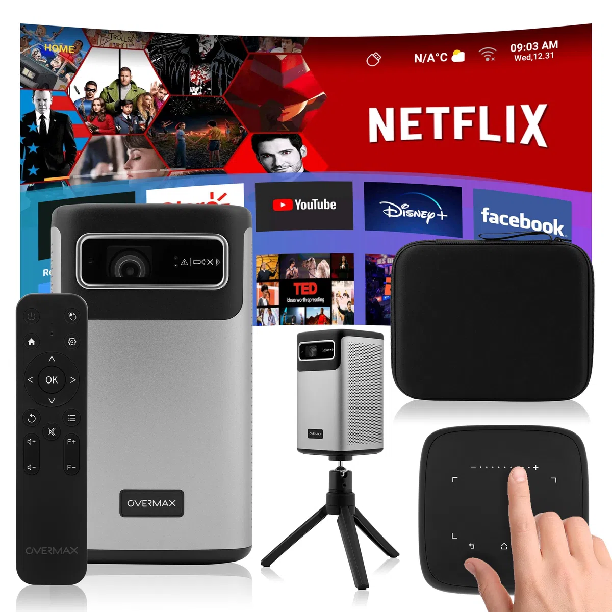 Multipic 8.1 - Proiettore Portatile Wireless con Risoluzione 4K, Luminosità 5000 Lumen, Auto Focus, Keystone, Android 9.0, Batteria Integrata 2,5h, Wi-Fi, Bluetooth, Altoparlanti 5W