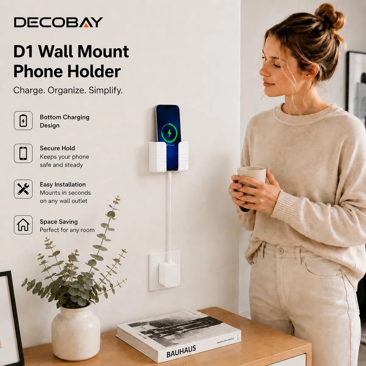 D1 Supporto da parete per telefono, supporto per telefono con adesivo e cavo dati, supporto per doccia, ricarica, camper, compatibile con iPhone, telecomando TV, smartphone e altro (bianco)