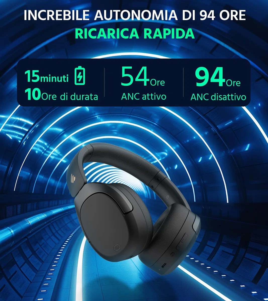 Edifier W830NB - Cuffie wireless Over Ear con -45dB ANC, batteria 94 ore, LDAC Hi-Res, audio spatial, ricarica rapida, Bluetooth V5.4, colore: Nero