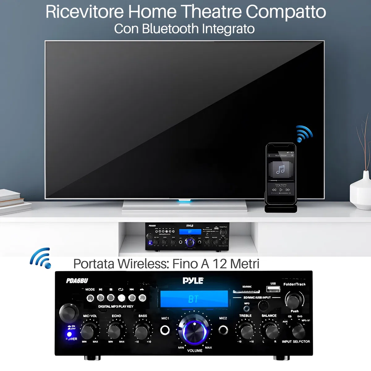 Pyle Sistema Amplificatore Audio Bluetooth, 200 Watt Potenza di Picco, Dual Channel, Audio Stereo, USB, SD, AUX, Ingresso MIC con Effetto Eco, Radio, Display LCD, Ingressi RCA