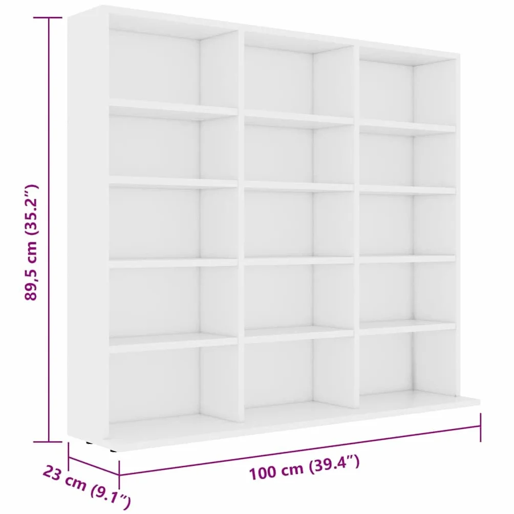 Scaffale per CD, in legno bianco, 100 x 23 x 89,5 cm, con 15 scomparti aperti, per soggiorno, camera da letto, ufficio, pratico contenitore multimediale per CD, DVD, accessori Hi-Fi