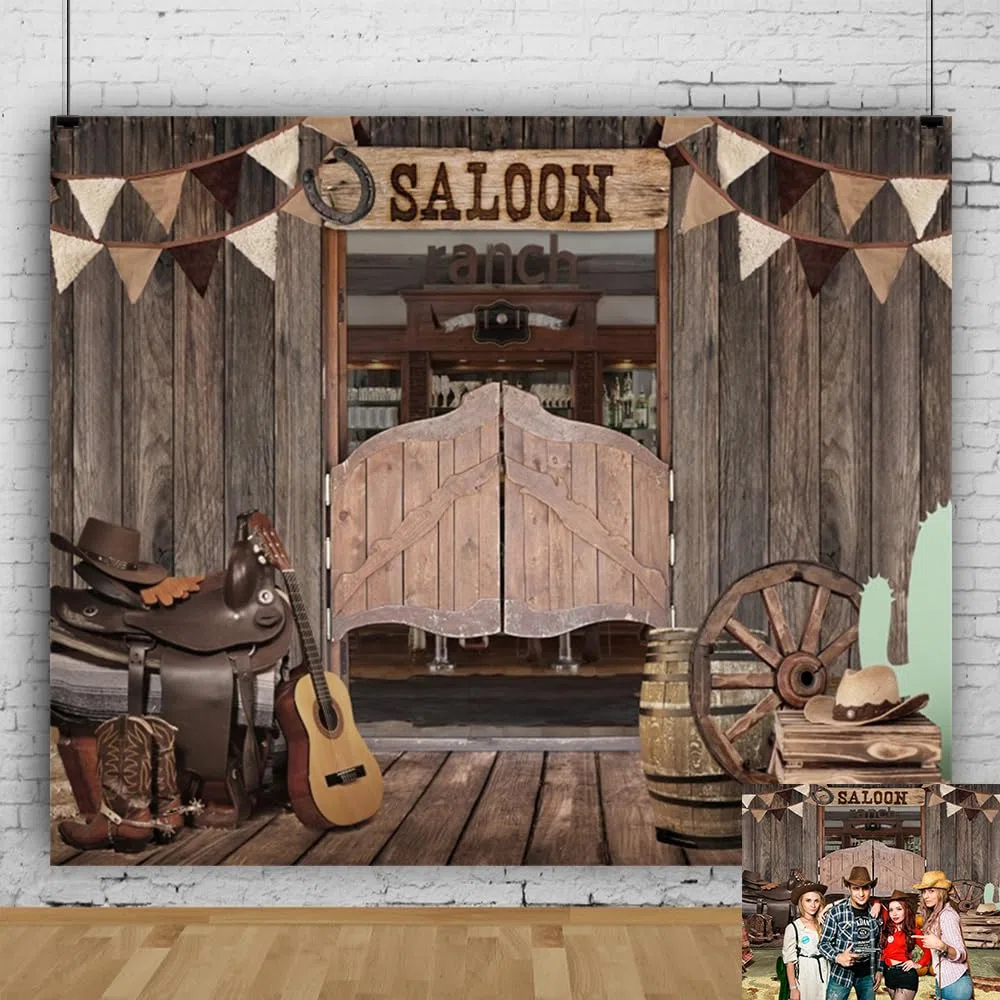 Western Saloon Fondale 3 x 2,4 m Western Wood Barn Door Sfondo per fotografia Western Wild West Cowboy Rodeo Decorazioni per feste a tema Studio Photo Booth Puntelli