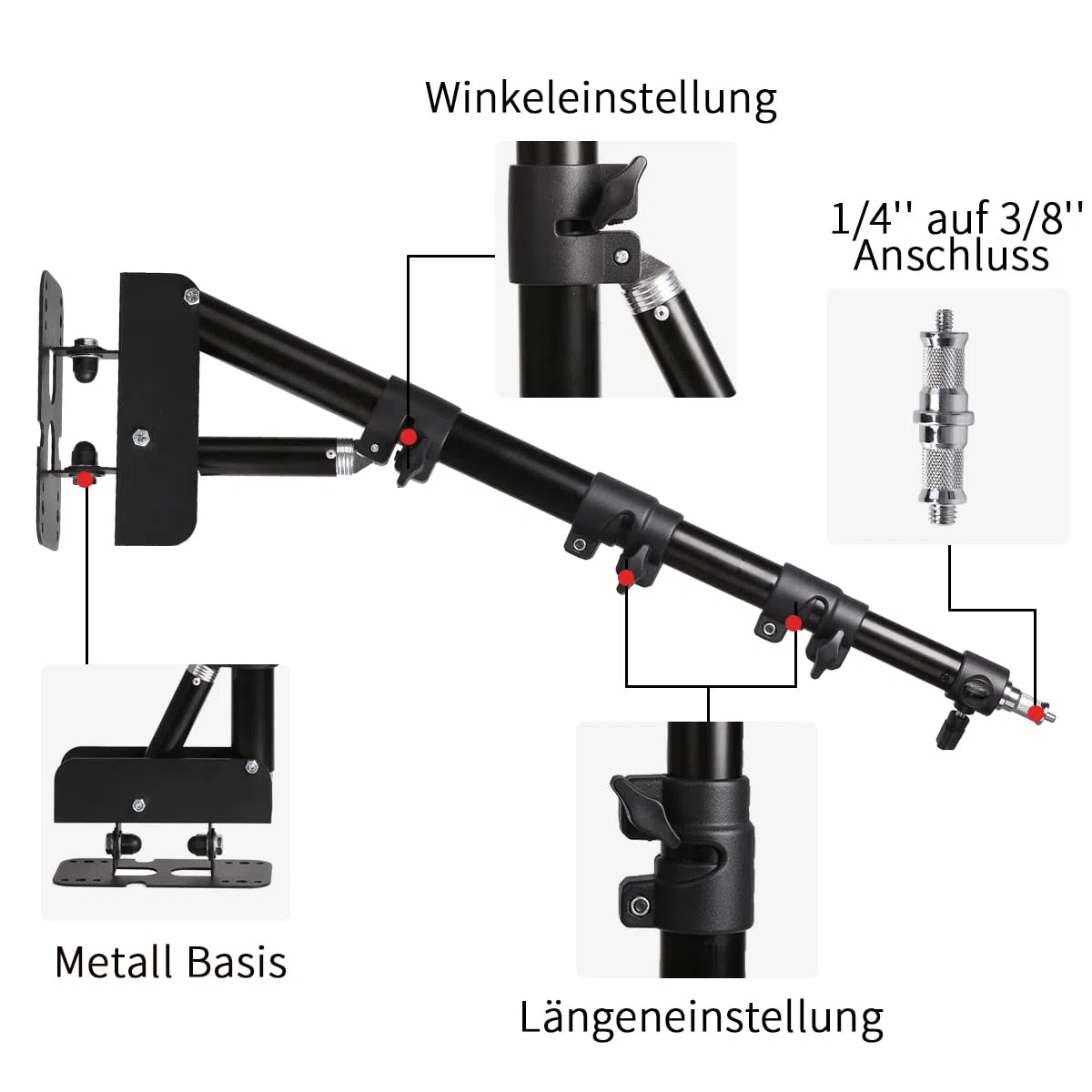 Montaggio a parete, braccio triangolare con lunghezza fino a 41,3 pollici/105 cm per riprese video in studio per flash, softbox, luci ad anello, luci singole, ombrelli, riflettori