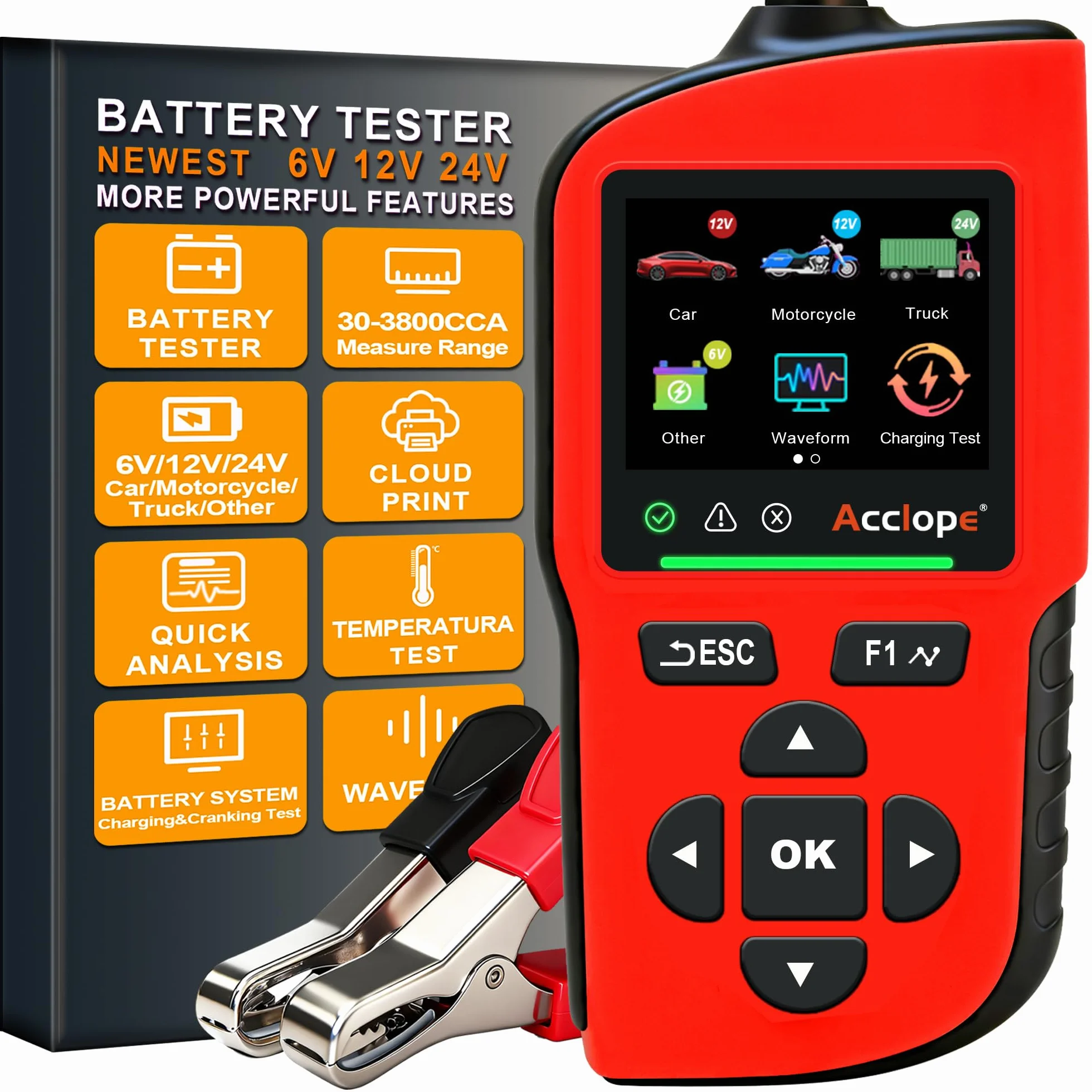 BT90 PRO - Tester per batteria, 6 V/12 V/24 V, per AGM/EFB/GEL/LiFePO4, 2 – 360 Ah, 30 – 3800 CCA, con stampa cloud, test di avviamento, nero, SAE/EN/IEC/CA/MCA, SOH/SOC/tensione/resistenza