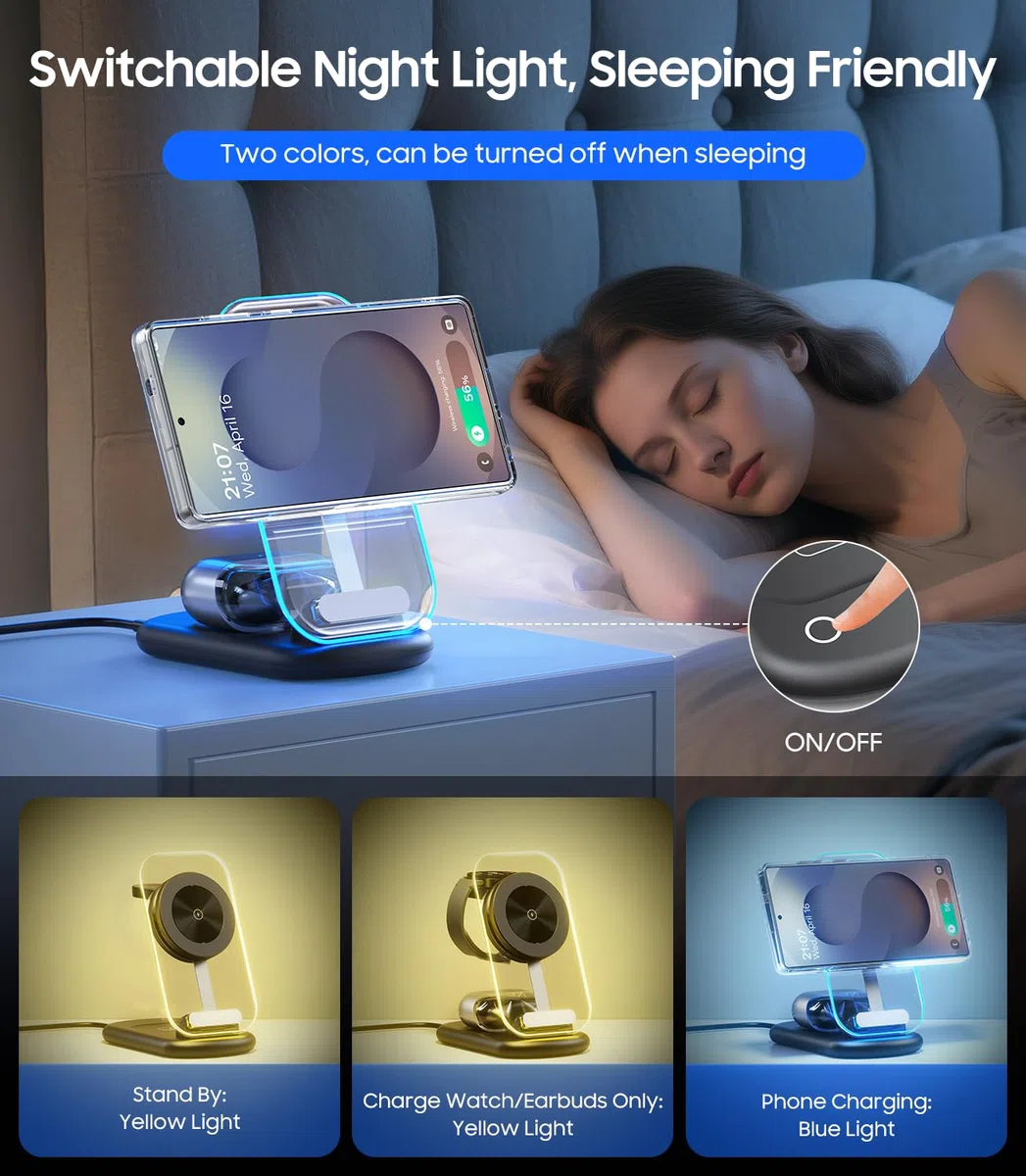Meifigno Stazione di ricarica wireless pieghevole 3 in 1 per Samsung, supporto magnetico con luce notturna on/off per Galaxy S26/S25/Z Fold 7/Z Flip 7, caricatore per orologio per Galaxy Watch Ultra 8
