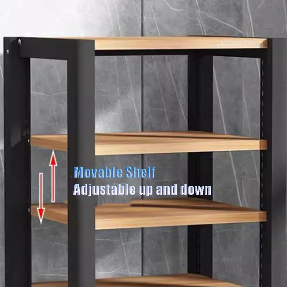 Scaffale in legno e acciaio, supporto multimediale regolabile, torre audio a 4 livelli, scaffale per lettore CD, armadio stereo da pavimento, design moderno in teak per home theater e sistemi audio