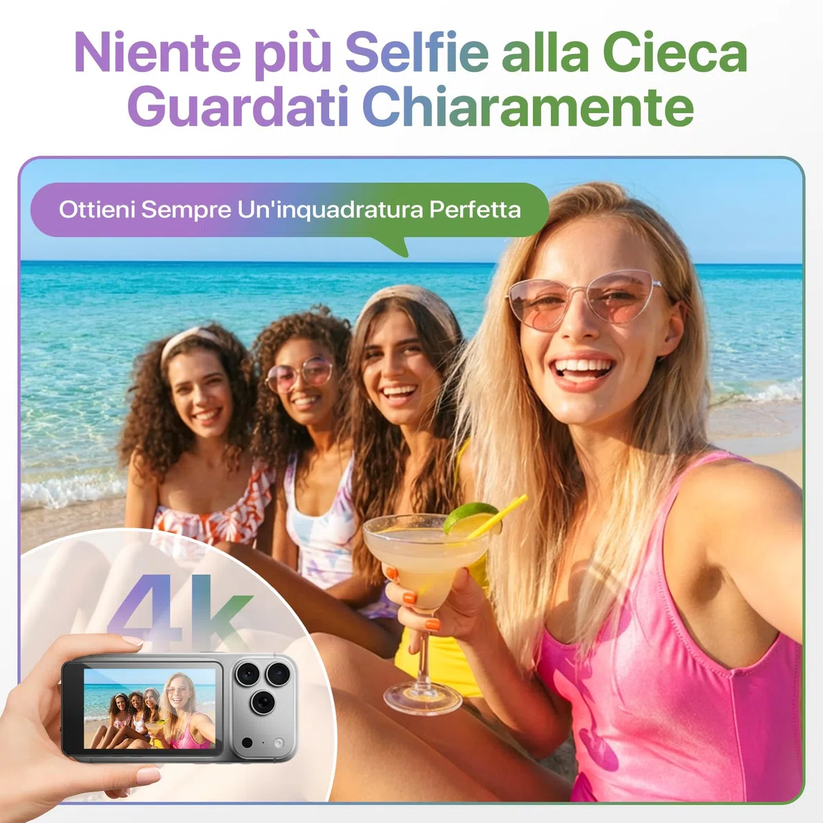 Moman Selfie Monitor Schermo 4K/1080p per Serie iPhone 17 e Android, Monitor Magnetico Wireless 50m Fotocamera Posteriore per Selfie Vlog TikTok Live Streaming - Nero