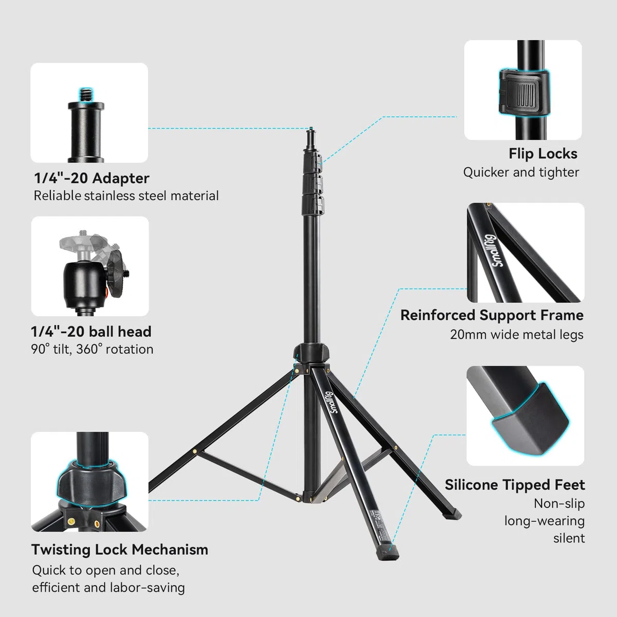 SMALLRIG Supporto Luminoso per Fotografia, Altezza Regolabile: 56-200 cm, Supporto Leggero Leggero per Riflettori, Softbox, Luci da Studio, Ombrelli, Luce Anulare, Carico Massimo 4 kg, RA-S200-4379