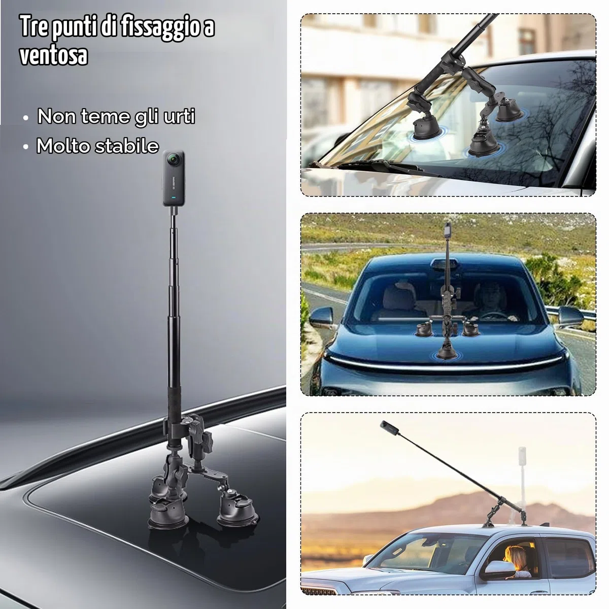 Set Di Supporto Per Auto Con Tripla Ventosa, Supporto Per Auto Con Tripla Ventosa E Morsetto Per Insta360 Gopro Akaso Action Camera Supporto Per Selfie Stick Retrattile Da 28-112 Cm Con Braccio Magico