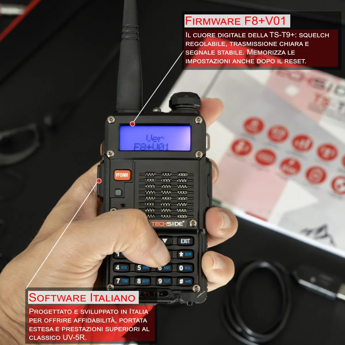 TechSide Walkie Talkie 8W | TS-T9+ Radio Ricetrasmittente Dual Band VHF UHF Tri-Power | Firmware Italiano | Batteria 1800mAh con Ricarica USB-C | 128 Canali, PMR446 VOX | Qualità e Assistenza Italiana